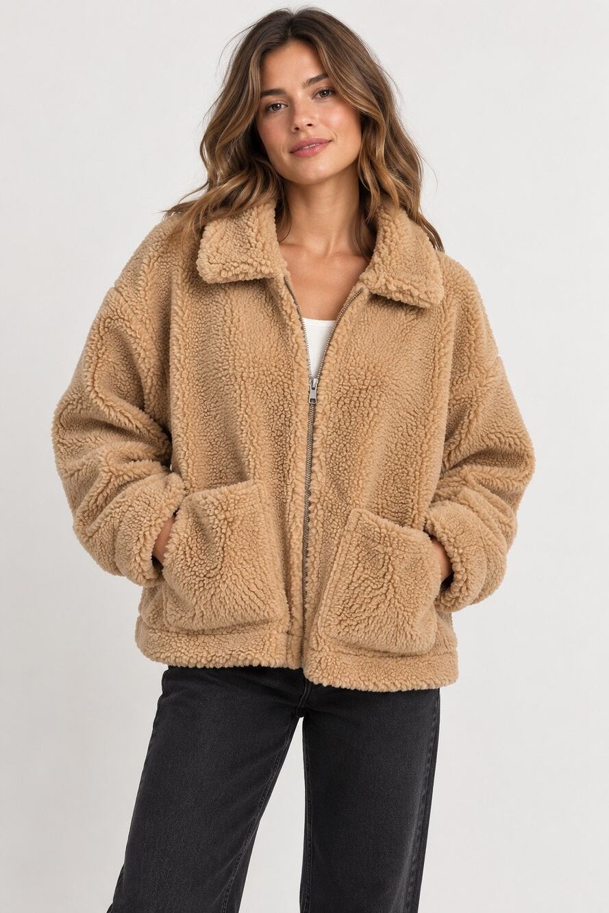 I.AM.GIA Pixie Teddy Jacket Camel Brown Oversized Faux Sherpa Size M